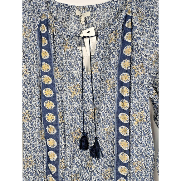 JOIE Almee Blue White Paisley Print Long Sleeve Short Dress Small Tassel Batik - Picture 3 of 8